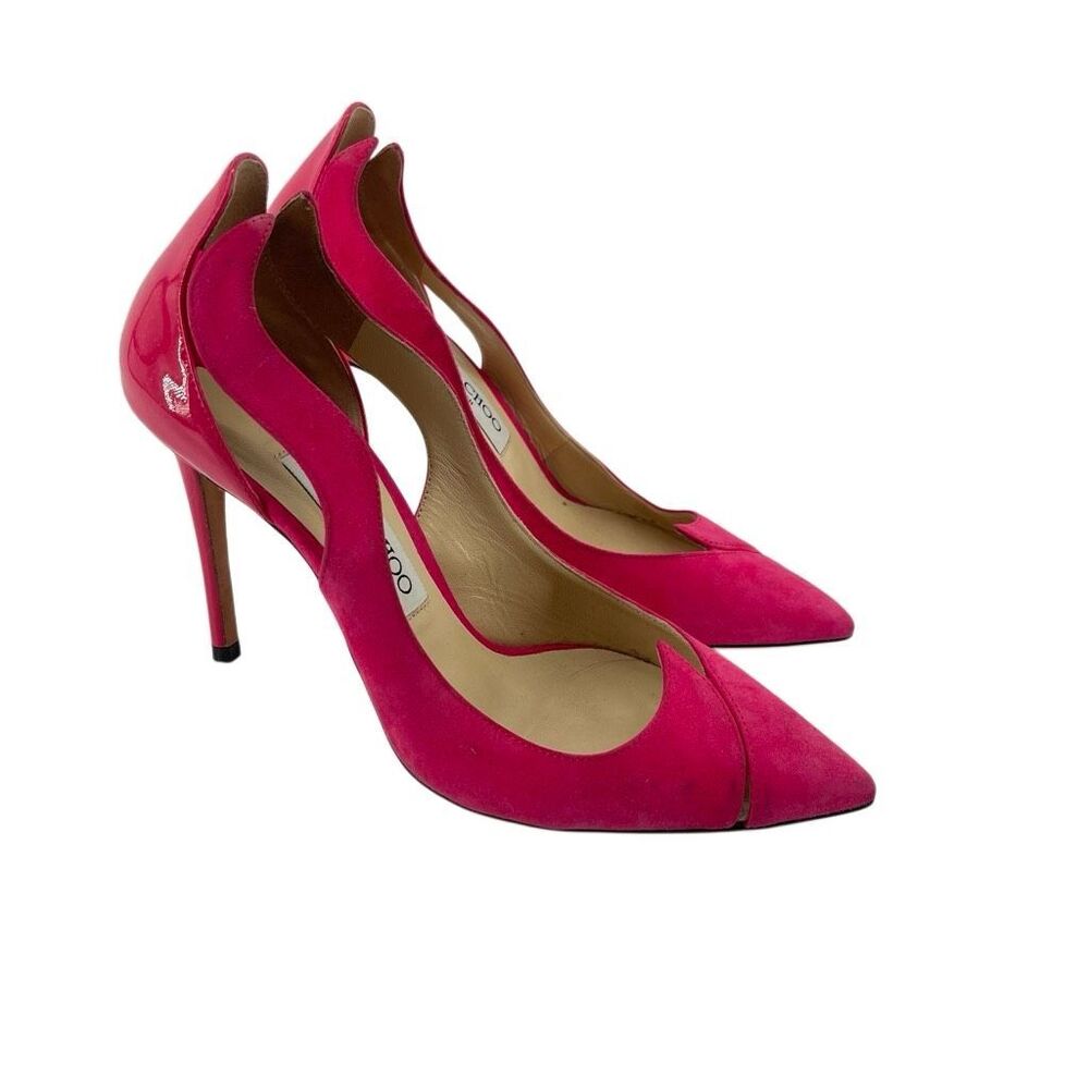 Jimmy Choo Saga 100 Pink Suede Patent Pointed Toe Pumps EU 37 US 7 - Picture 2 of 16